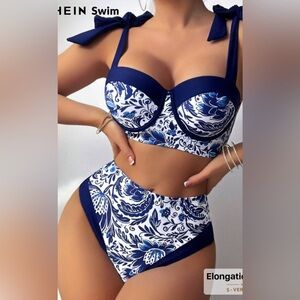 SHEIN Blue and White Floral Bikini Set